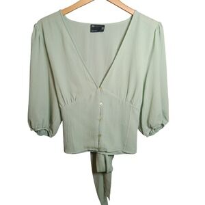 ASOS DESIGN Women's Top US 14 Green Button Front Tie Back 3/4 Sleeve Blouse‎